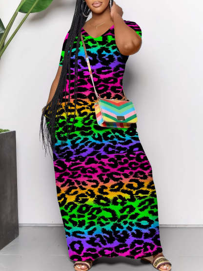 Short Sleeve Colorful Leopard Print Maxi Dress