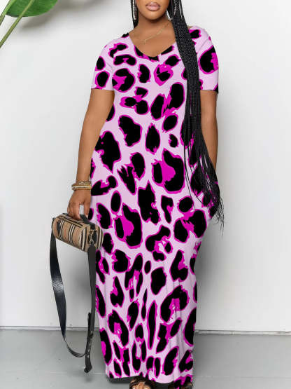 Short Sleeve Colorful Leopard Print Maxi Dress