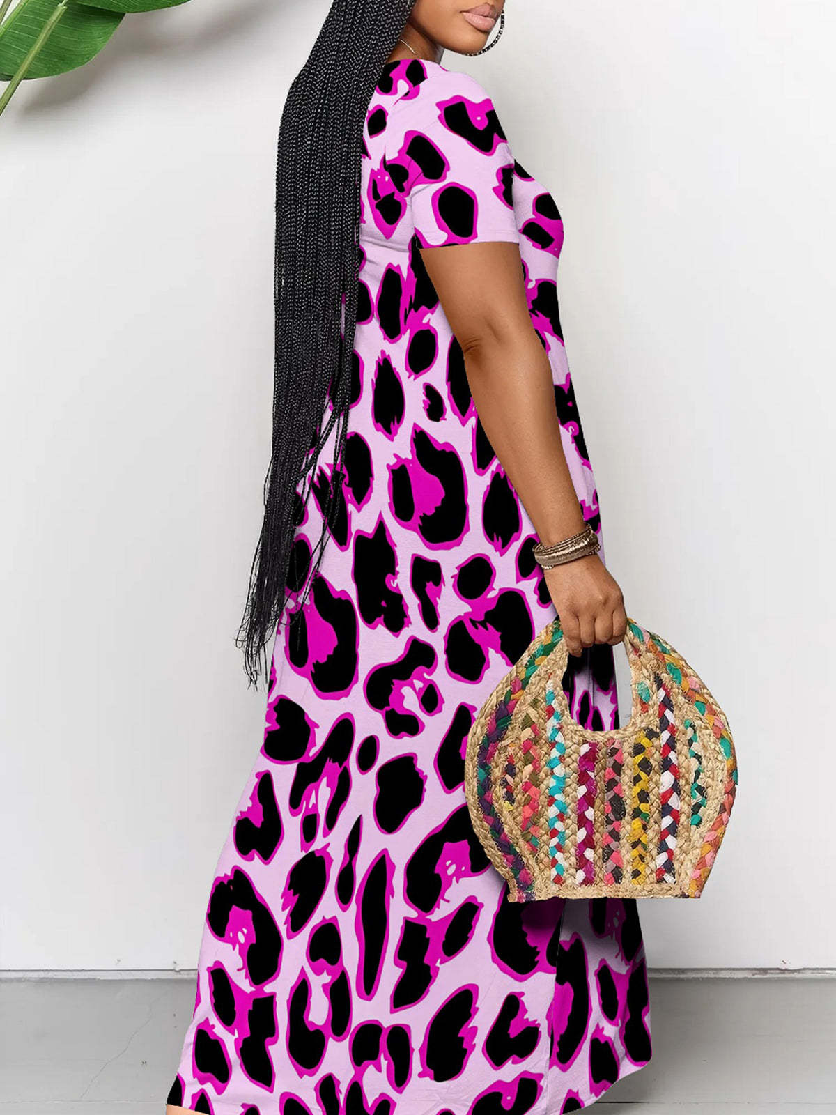 Short Sleeve Colorful Leopard Print Maxi Dress