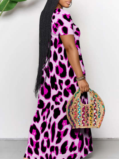 Short Sleeve Colorful Leopard Print Maxi Dress