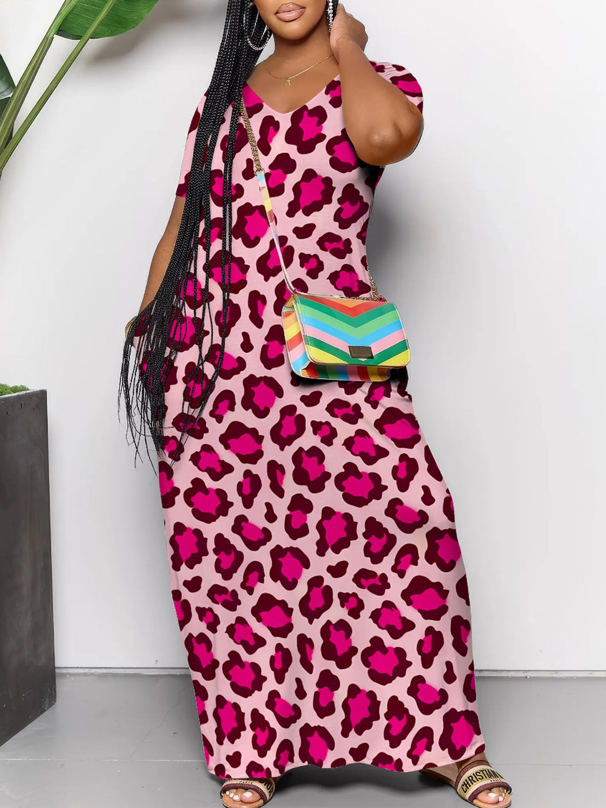 Short Sleeve Colorful Leopard Print Maxi Dress