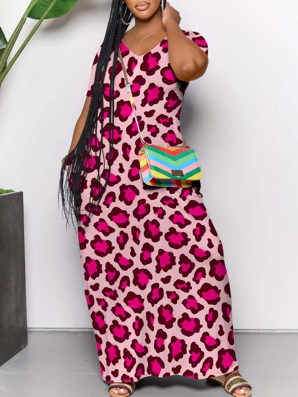 Short Sleeve Colorful Leopard Print Maxi Dress