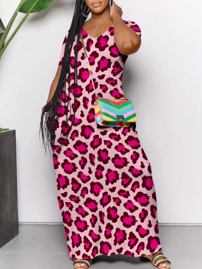 Short Sleeve Colorful Leopard Print Maxi Dress
