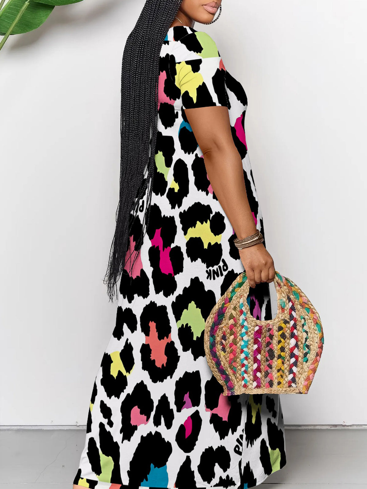 Short Sleeve Colorful Leopard Print Maxi Dress