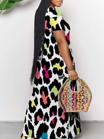 Short Sleeve Colorful Leopard Print Maxi Dress
