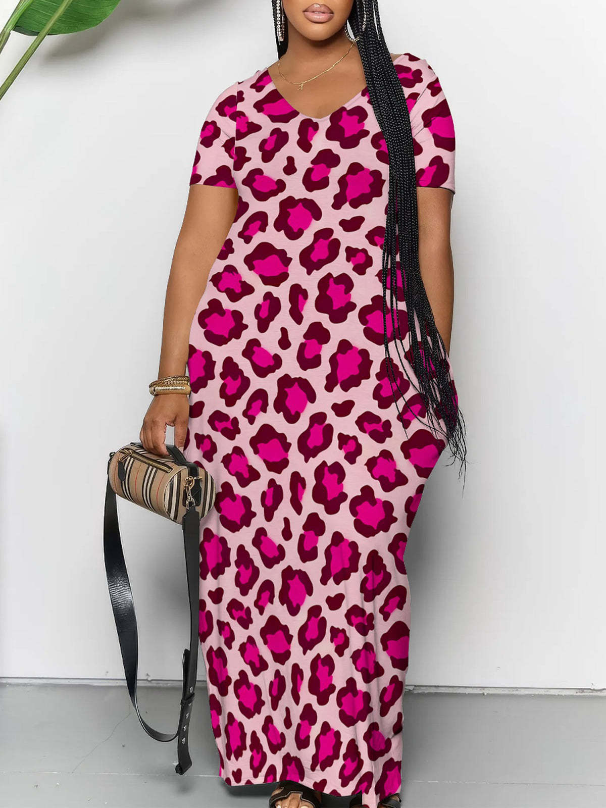 Short Sleeve Colorful Leopard Print Maxi Dress