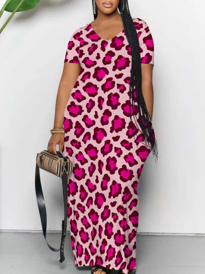 Short Sleeve Colorful Leopard Print Maxi Dress