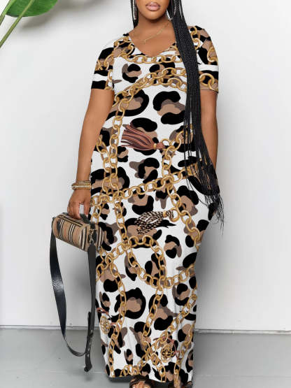 Short Sleeve Colorful Leopard Print Maxi Dress