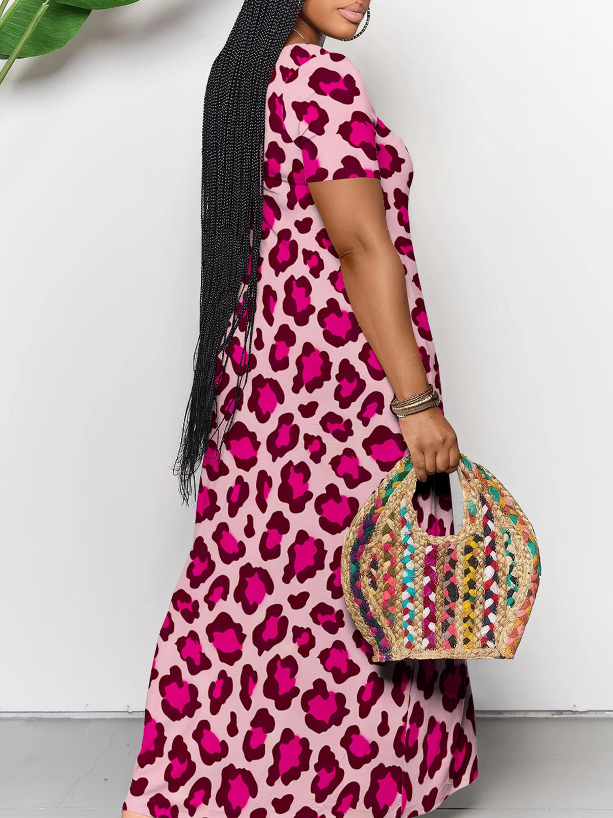 Short Sleeve Colorful Leopard Print Maxi Dress