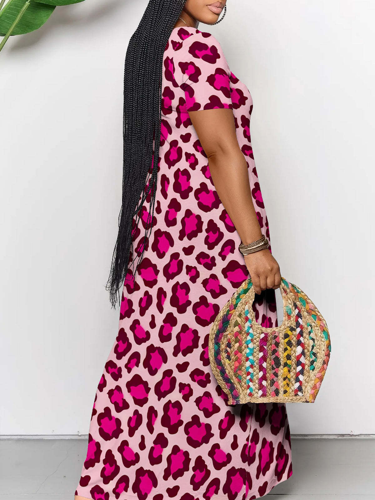 Short Sleeve Colorful Leopard Print Maxi Dress