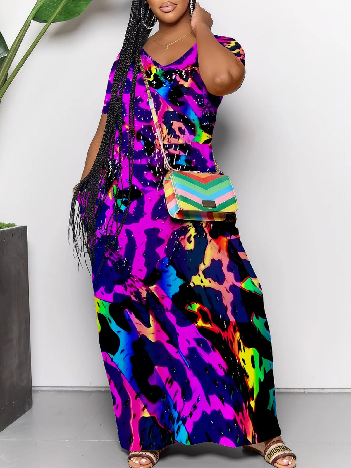 Short Sleeve Colorful Leopard Print Maxi Dress