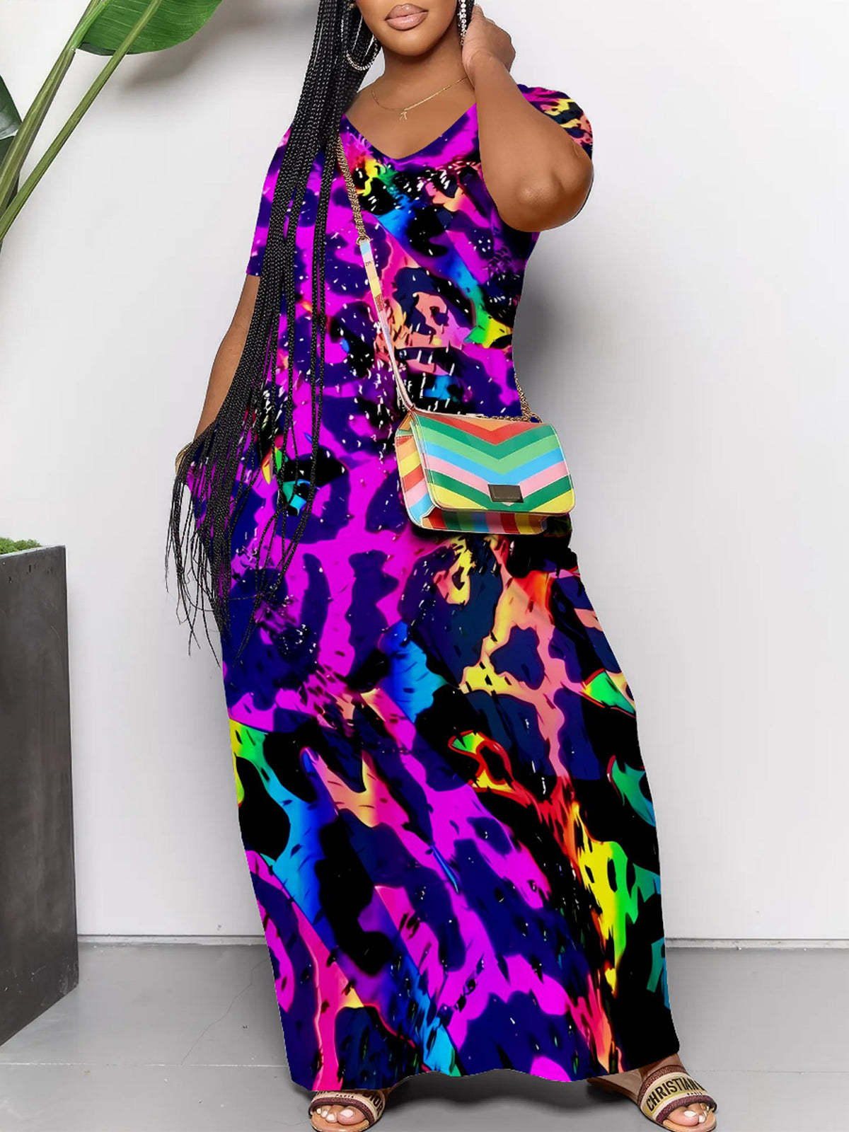 Short Sleeve Colorful Leopard Print Maxi Dress