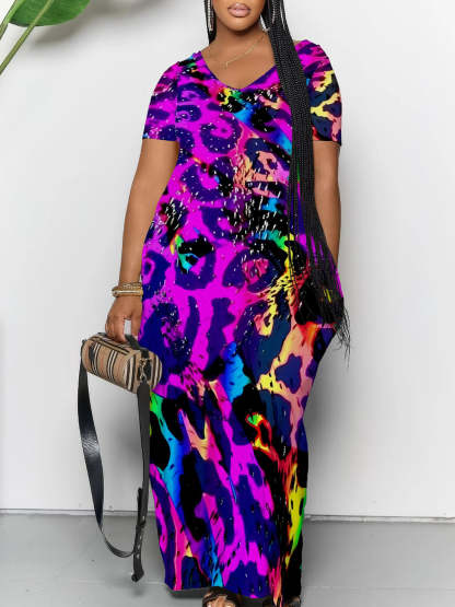 Short Sleeve Colorful Leopard Print Maxi Dress