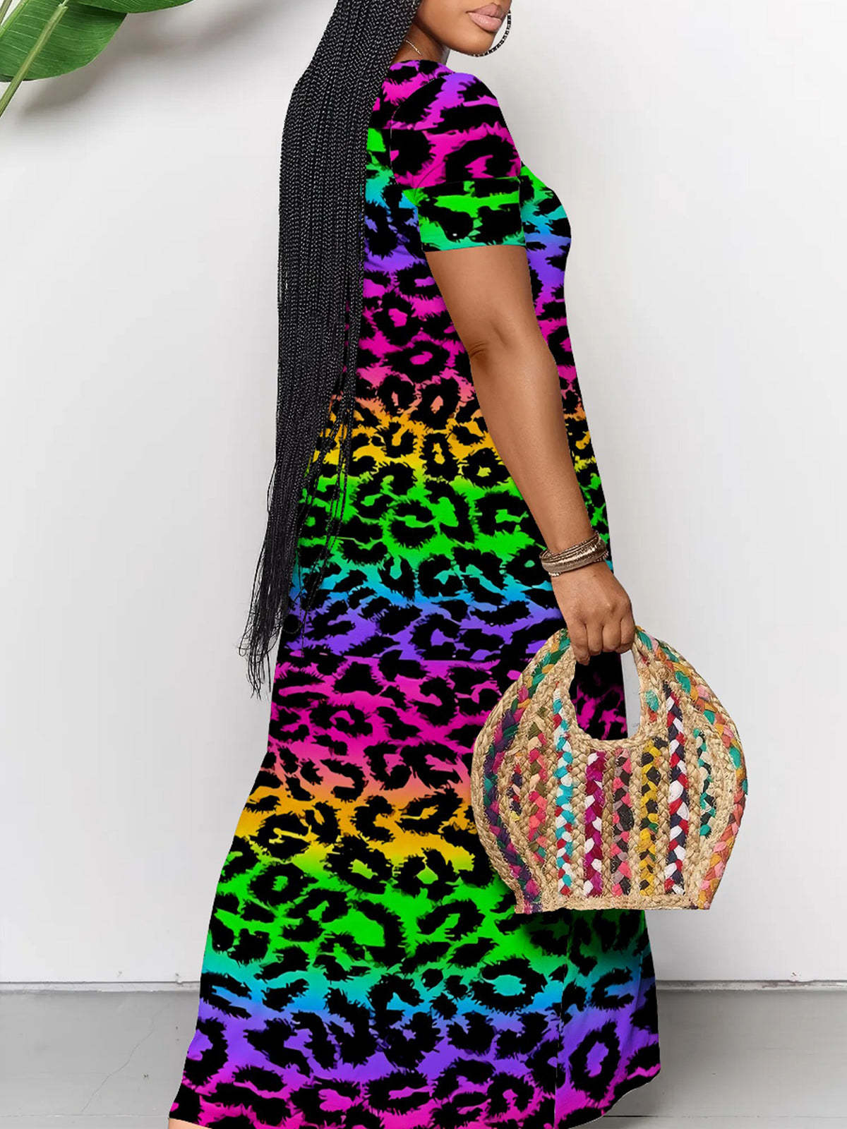 Short Sleeve Colorful Leopard Print Maxi Dress