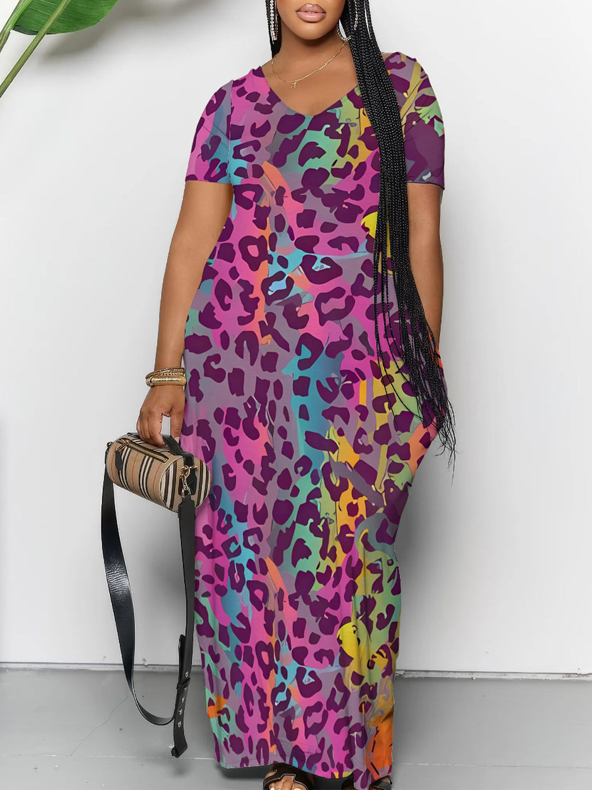 Short Sleeve Colorful Leopard Print Maxi Dress