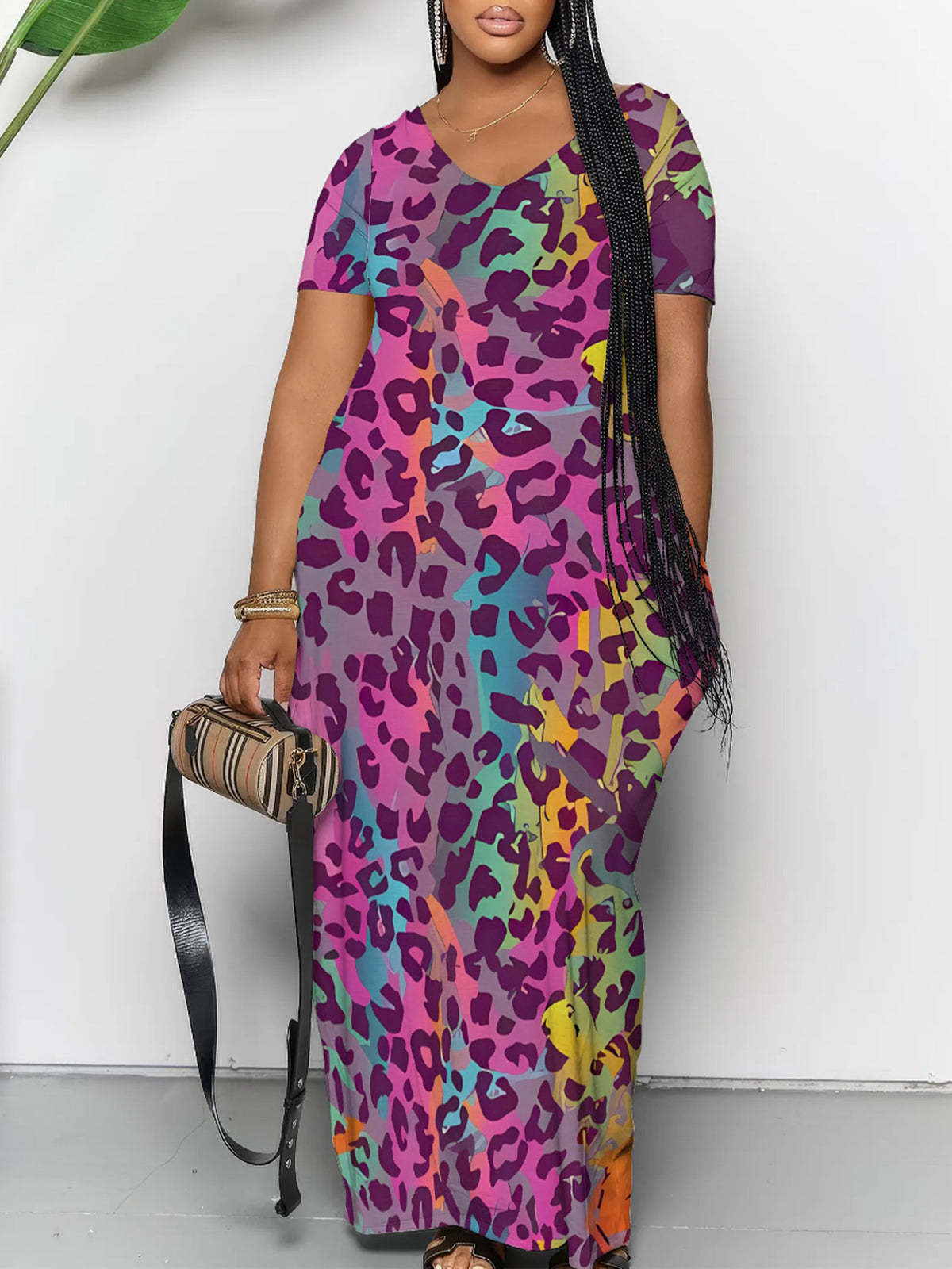 Short Sleeve Colorful Leopard Print Maxi Dress