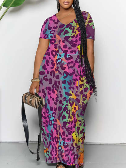 Short Sleeve Colorful Leopard Print Maxi Dress