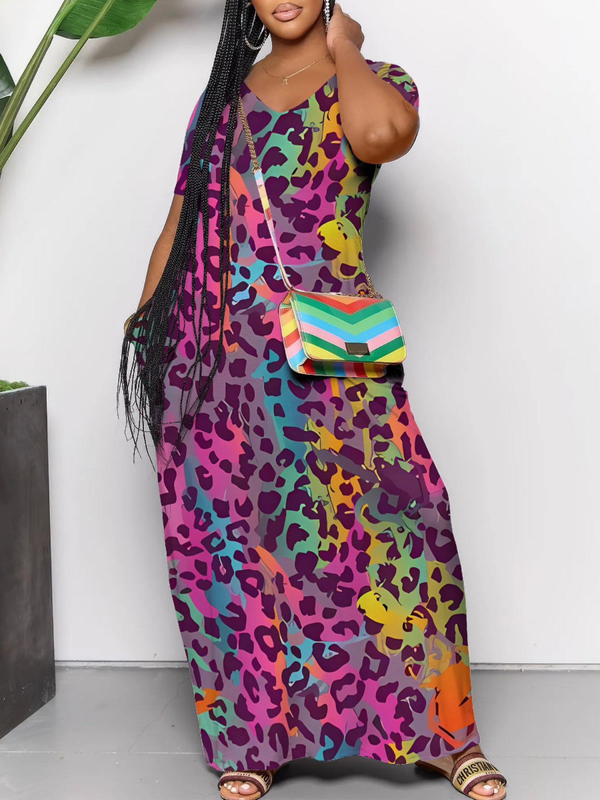 Short Sleeve Colorful Leopard Print Maxi Dress