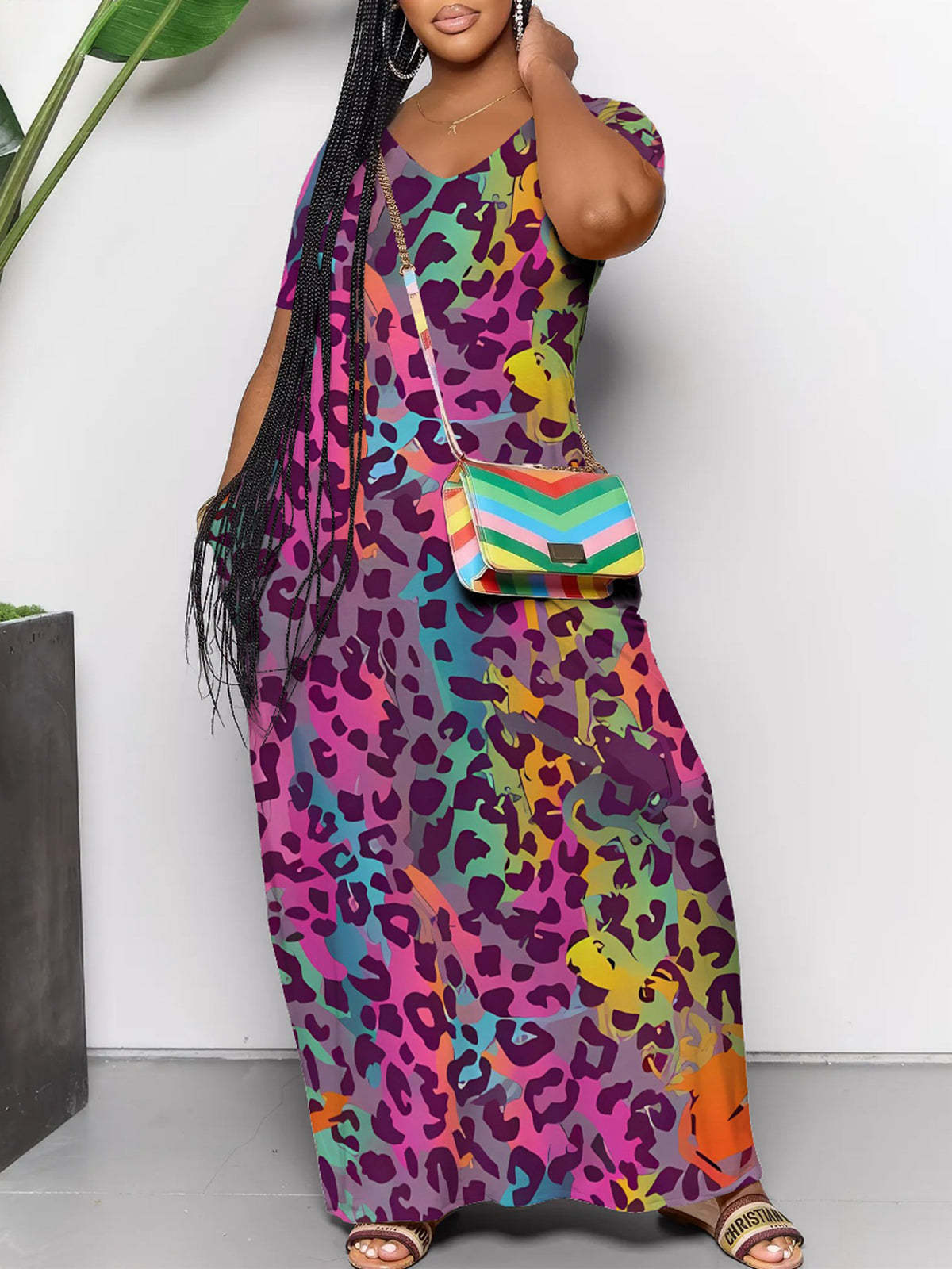 Short Sleeve Colorful Leopard Print Maxi Dress