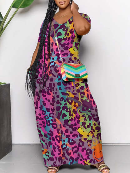 Short Sleeve Colorful Leopard Print Maxi Dress