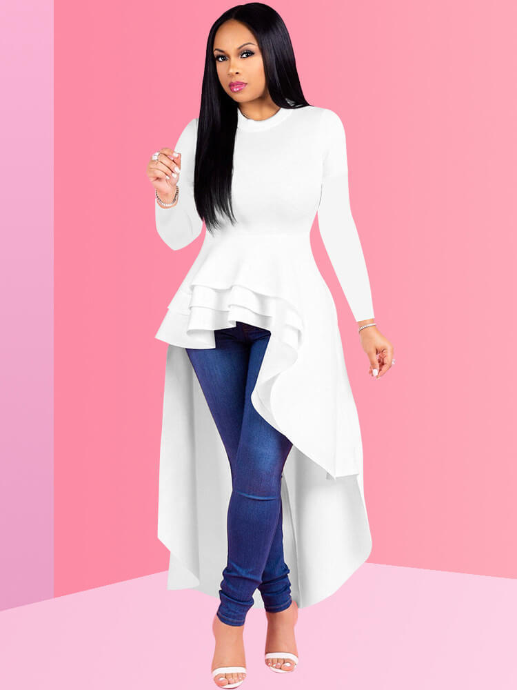 Long Sleeve High Low Peplum Tunic Ruffle Top Dress