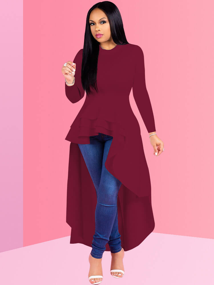 Long Sleeve High Low Peplum Tunic Ruffle Top Dress