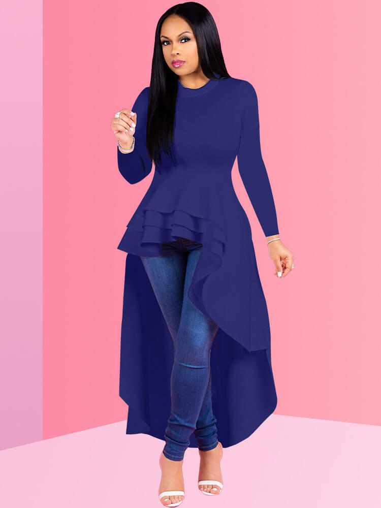 Long Sleeve High Low Peplum Tunic Ruffle Tops Dresses | Tops