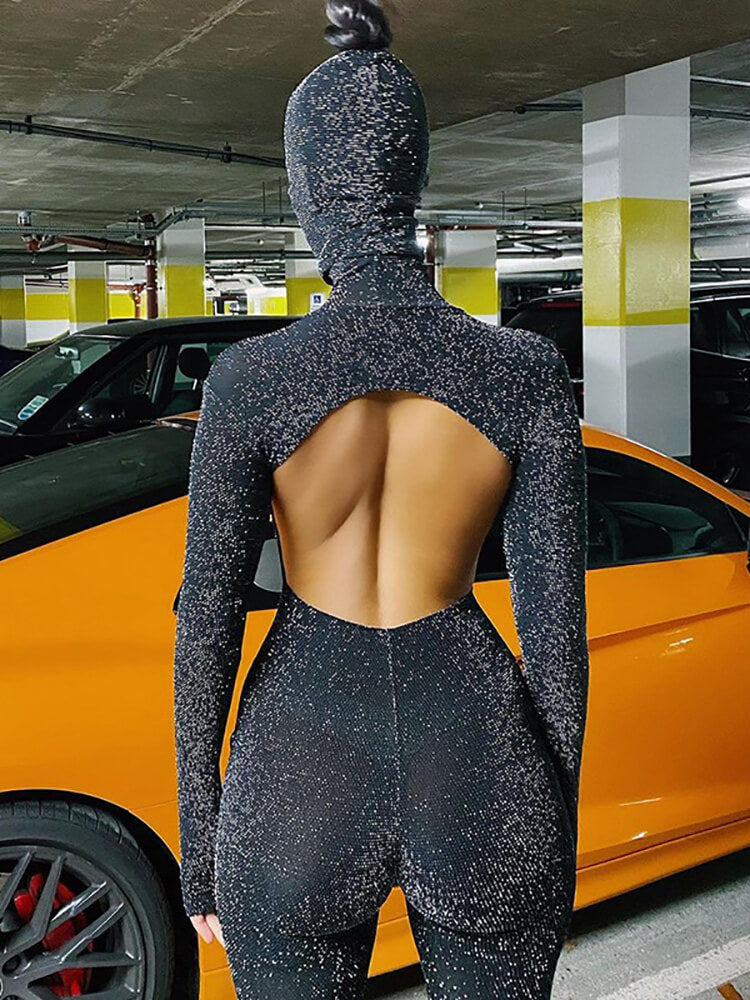 Glitter Backless Long Sleeve Jumpsuit