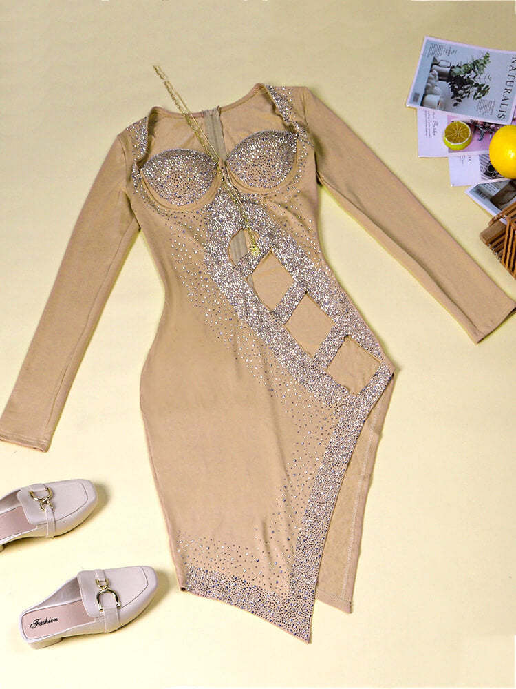 Long Sleeve Sequins Hollow Out Mini Dress