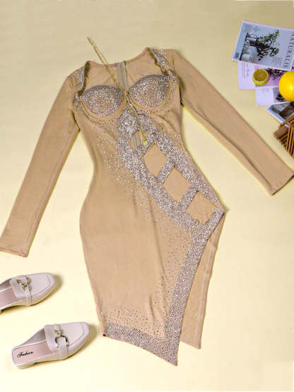 Long Sleeve Sequins Hollow Out Mini Dress
