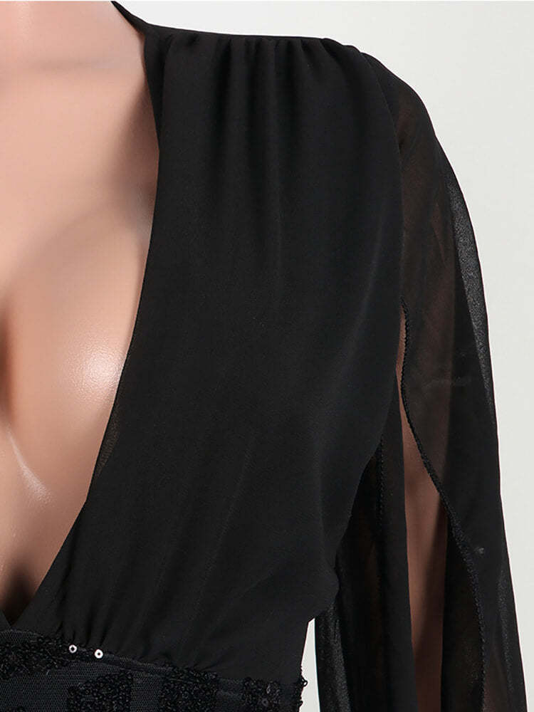 Glitter Deep V Neck Cape sleeve Wide Leg Pant Jumpsuit