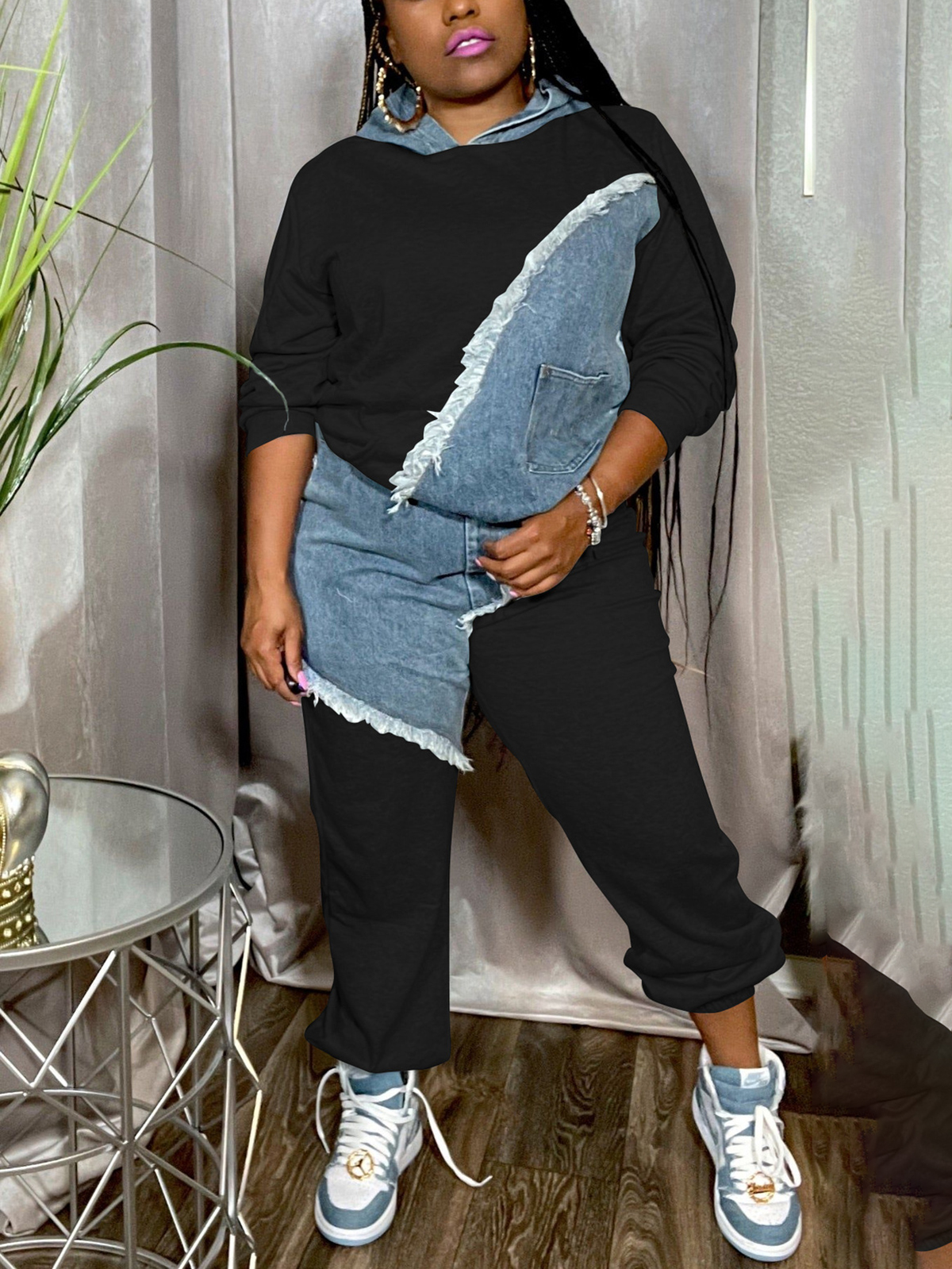 Denim Patchwork Hoodies Pant Set