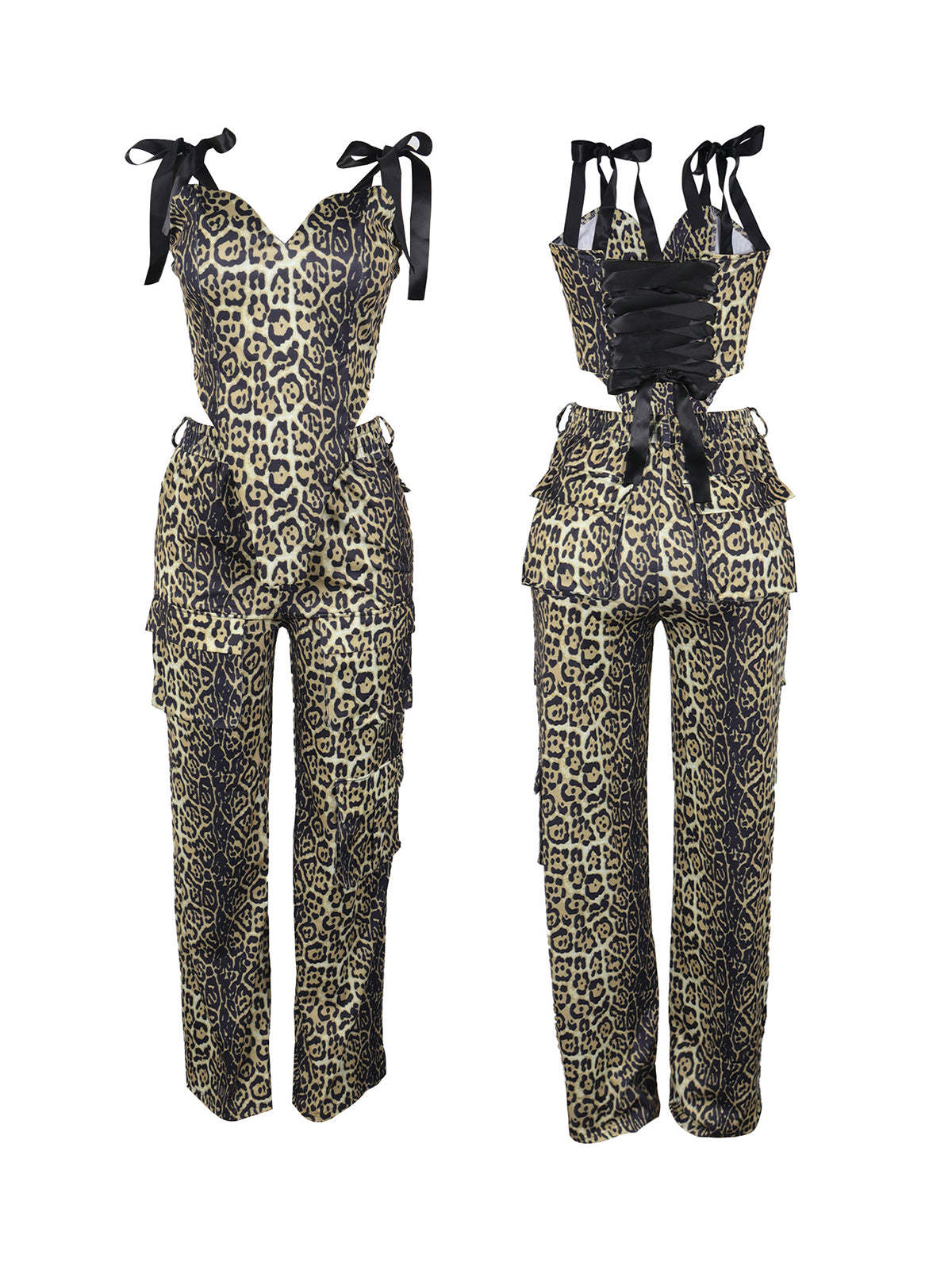 Two Pieces Print Lace-Up Cargo Pants Set