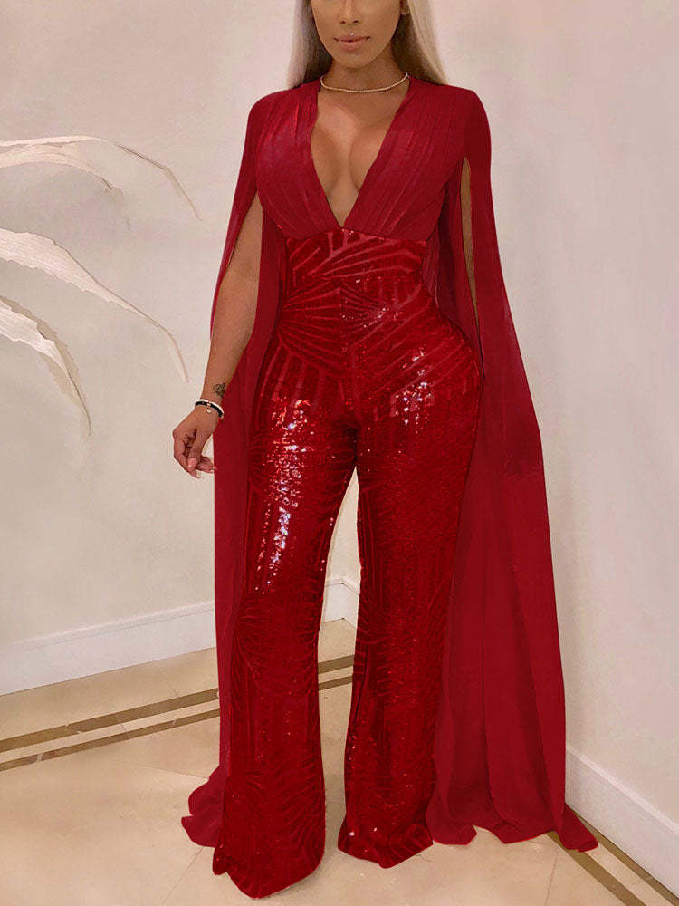 Glitter Deep V Neck Cape sleeve Wide Leg Pant Jumpsuit