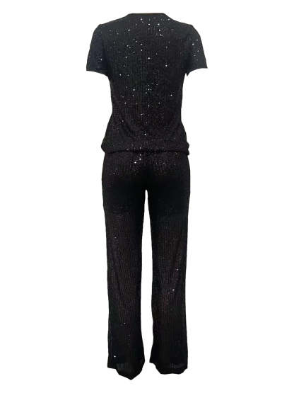 Sequin Solid Color Pants Set
