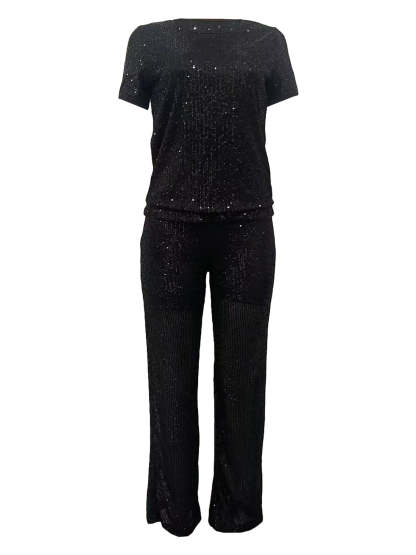 Sequin Solid Color Pants Set