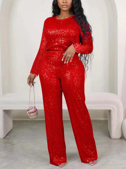 Solid Color Sequin Long Sleeve Set