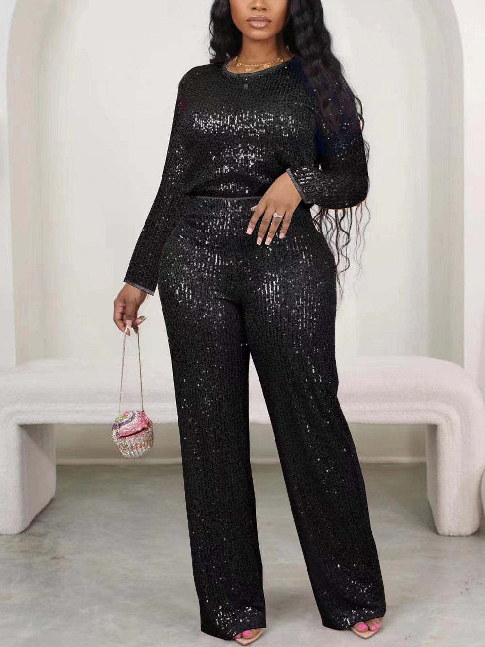 Solid Color Sequin Long Sleeve Set