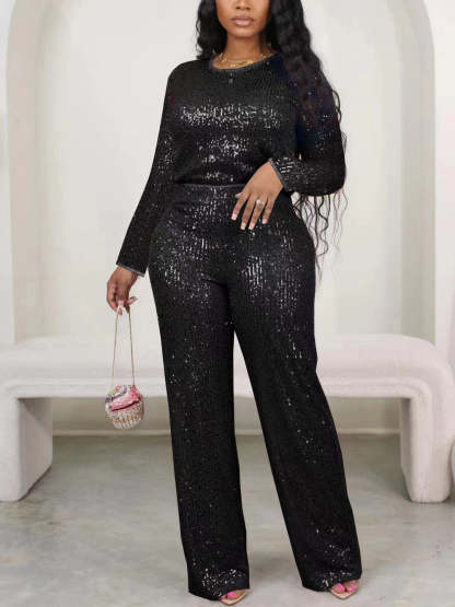 Solid Color Sequin Long Sleeve Set