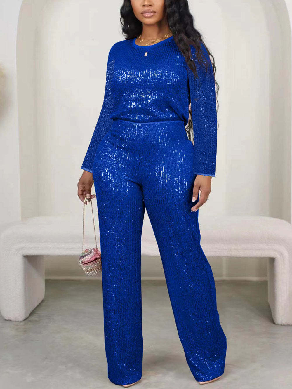 Solid Color Sequin Long Sleeve Set