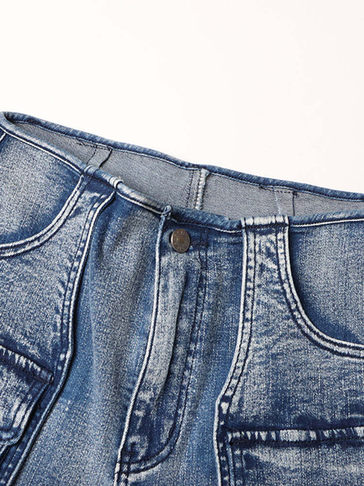 Casual Multi-Pocket Straight Leg Patchwork Jeans