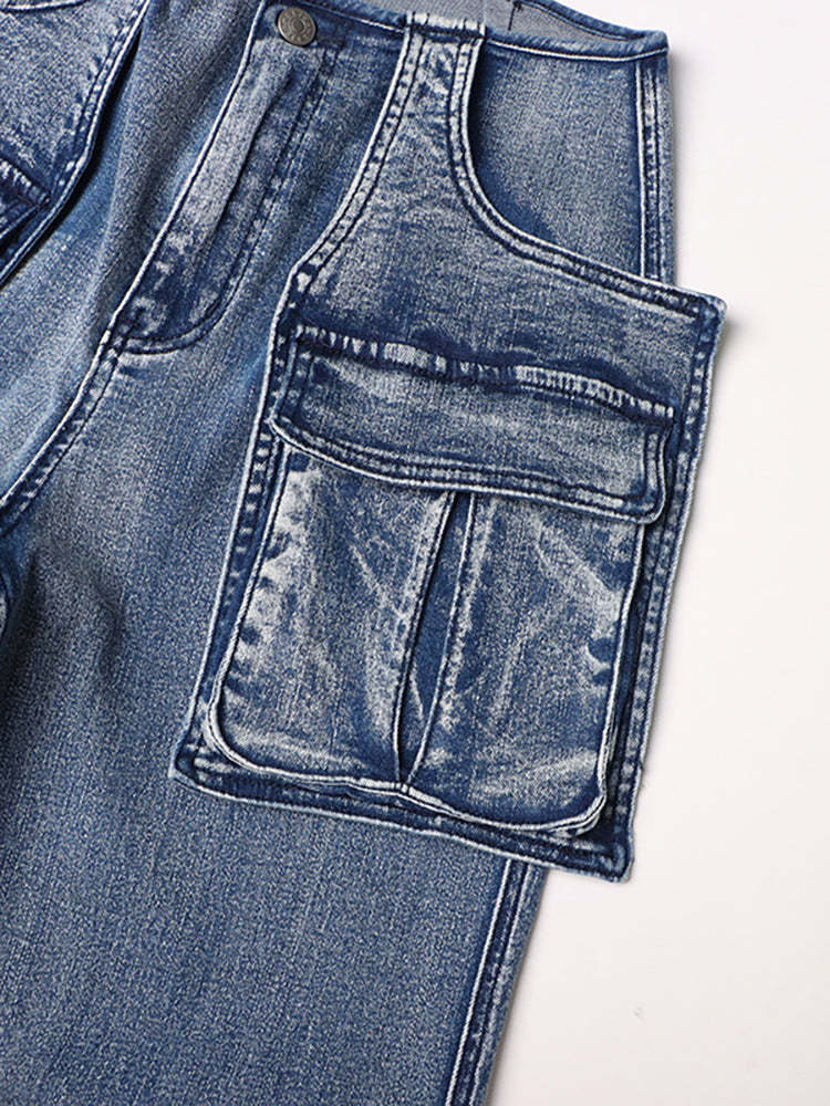 Casual Multi-Pocket Straight Leg Patchwork Jeans