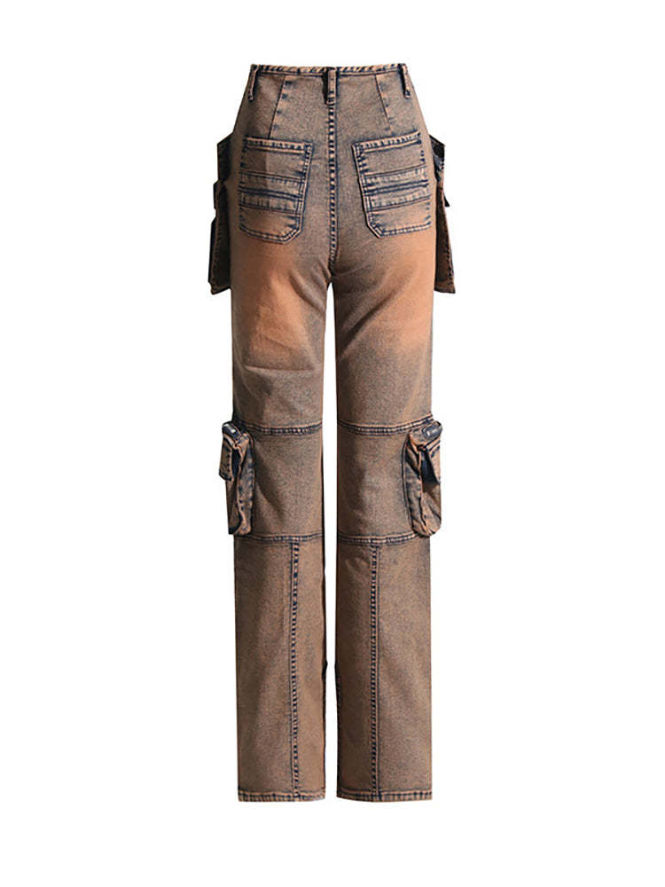 Casual Multi-Pocket Straight Leg Patchwork Jeans