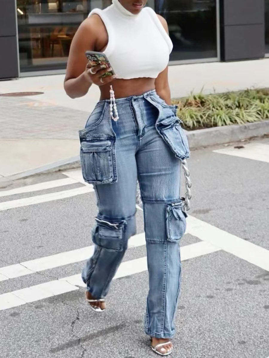 Casual Multi-Pocket Straight Leg Patchwork Jeans