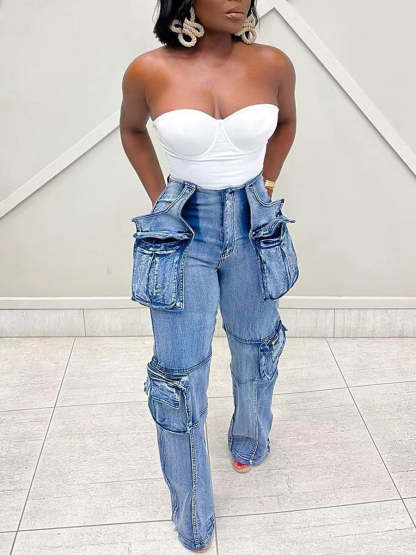 Casual  Multi-Pocket Straight Leg Patchwork Jeans