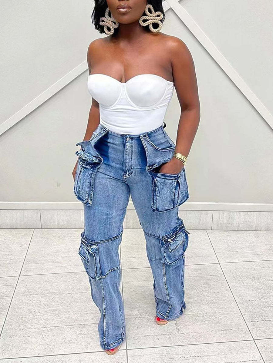 Casual Multi-Pocket Straight Leg Patchwork Jeans