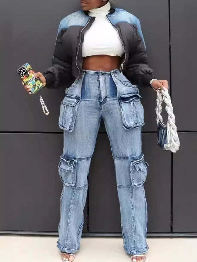 Casual Multi-Pocket Straight Leg Patchwork Jeans