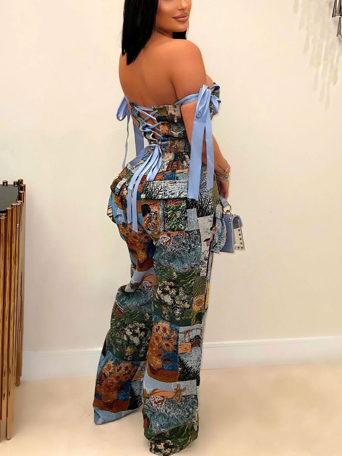 Two Pieces Print Lace-Up Cargo Pants Set