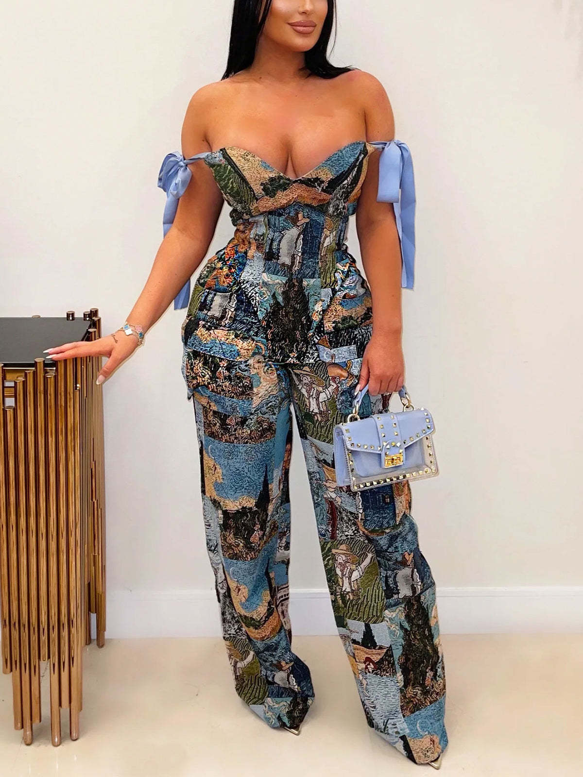 Two Pieces Print Lace-Up Cargo Pants Set