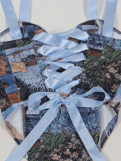 Two Pieces Print Lace-Up Cargo Pants Set